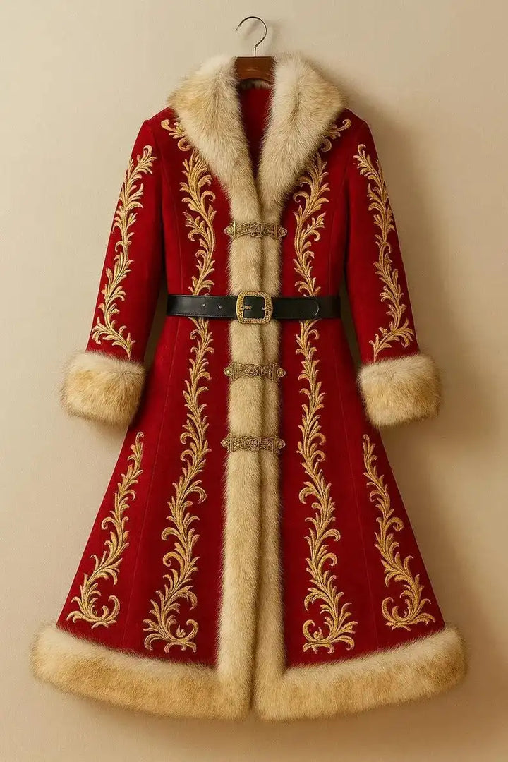 Front view of Luxury Red Wool Santa Coat with Golden Embroidery. Perfect for a very Merry Christmas!