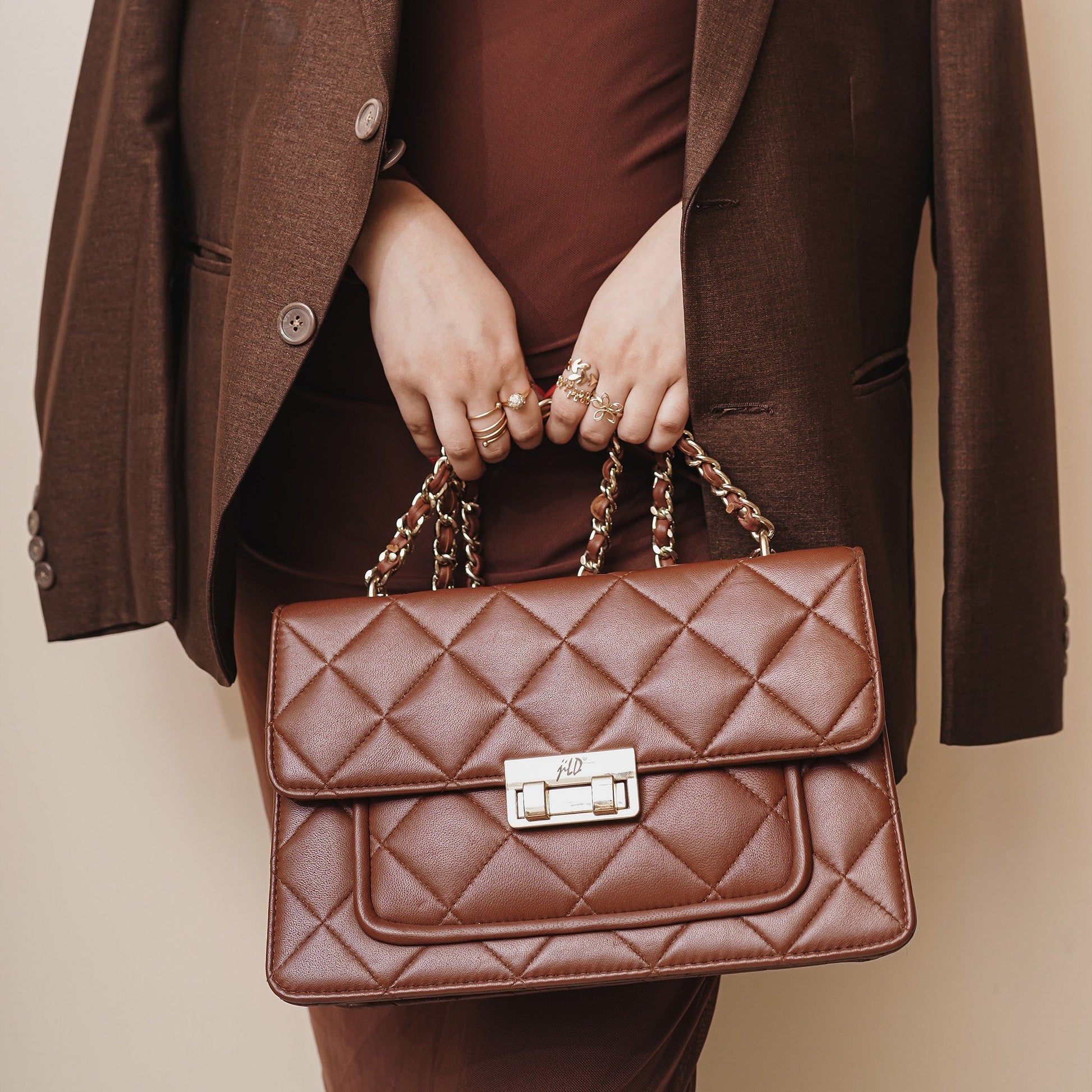 Flora Quilted Crossbody Leather Bag - Tan Brown - Image 13