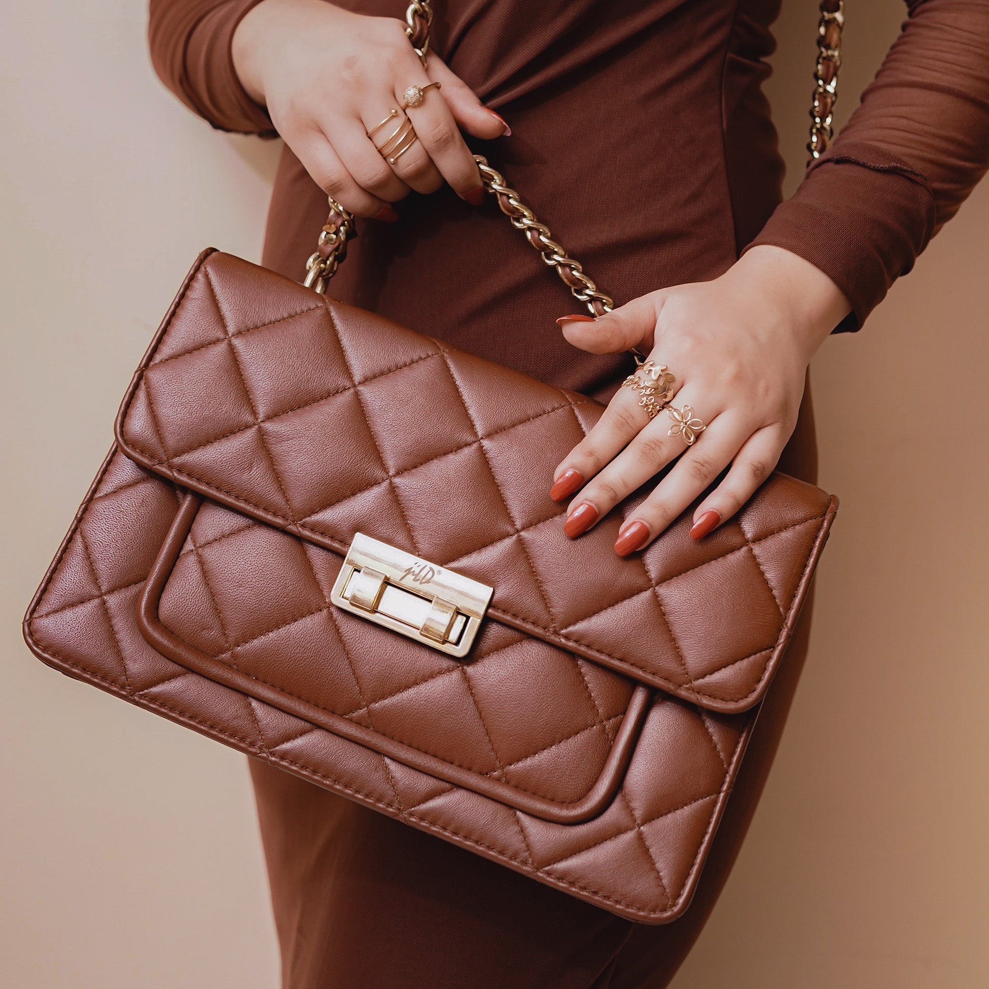 Flora Quilted Crossbody Leather Bag - Tan Brown - Image 14