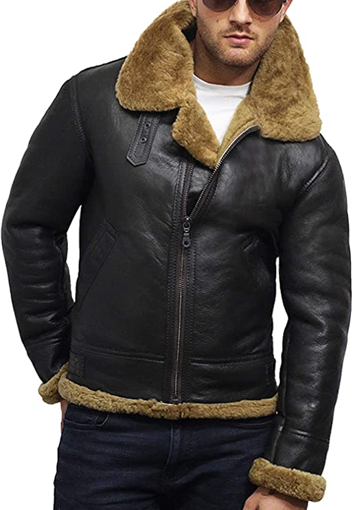 Man wearing a black leather jacket with brown fur lining on a white background