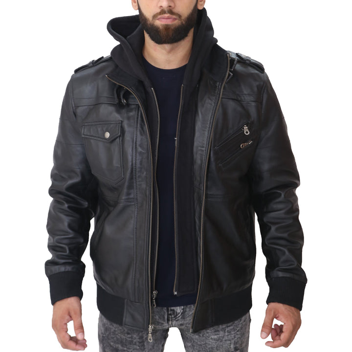 Man wearing a black leather jacket on a white background
