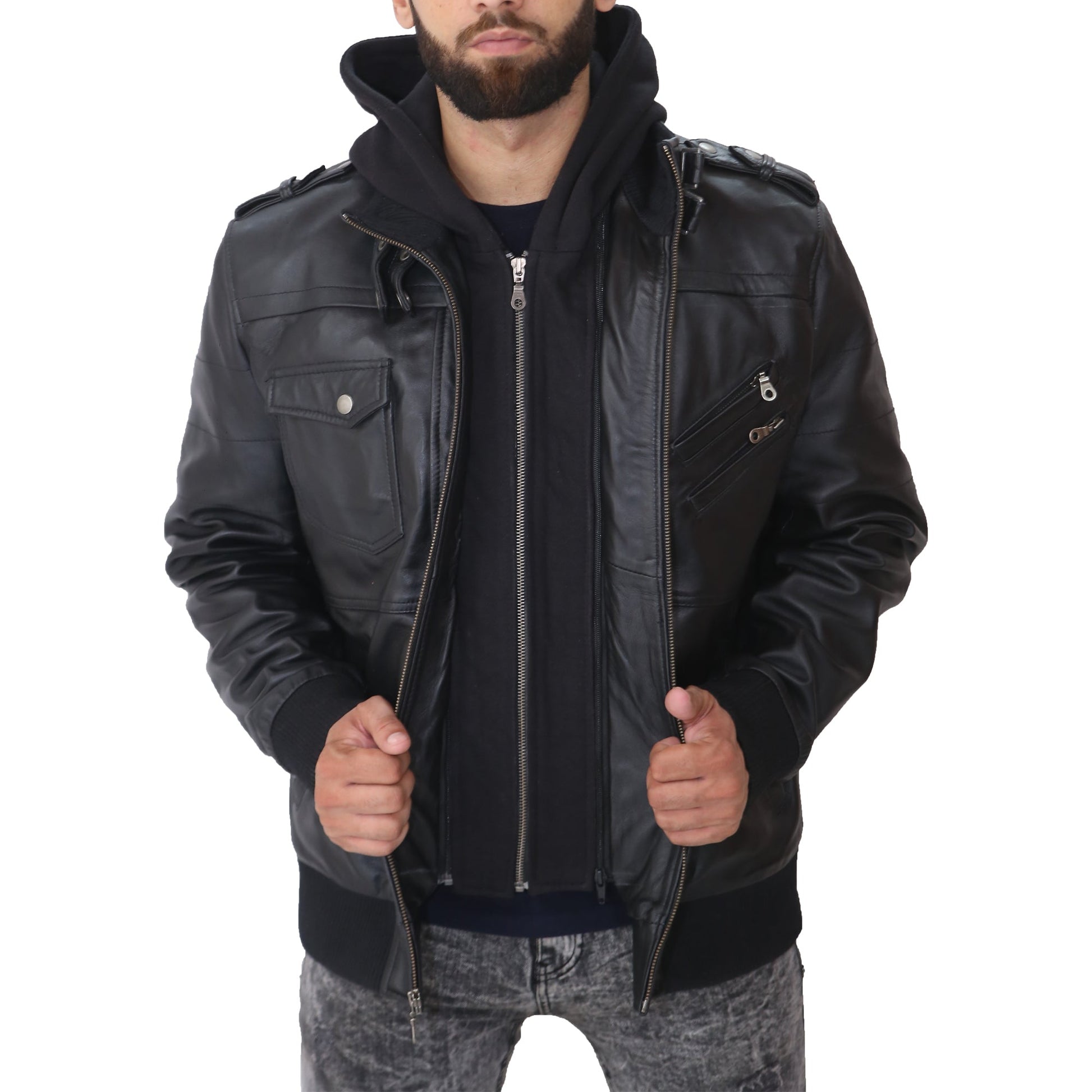 Man wearing a black leather jacket on a white background