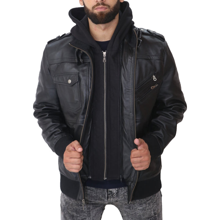 Man wearing a black leather jacket on a white background