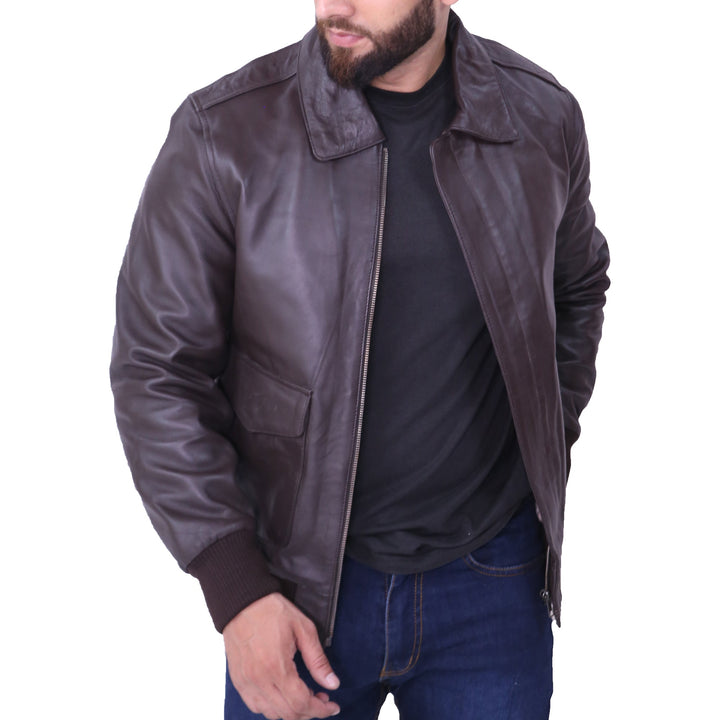 Man wearing a brown leather jacket on a white background