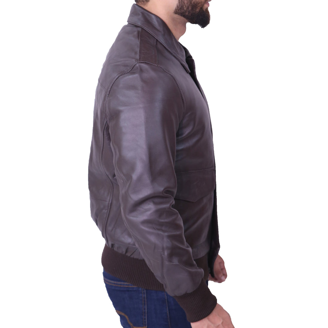 Man wearing a gray leather jacket on a white background