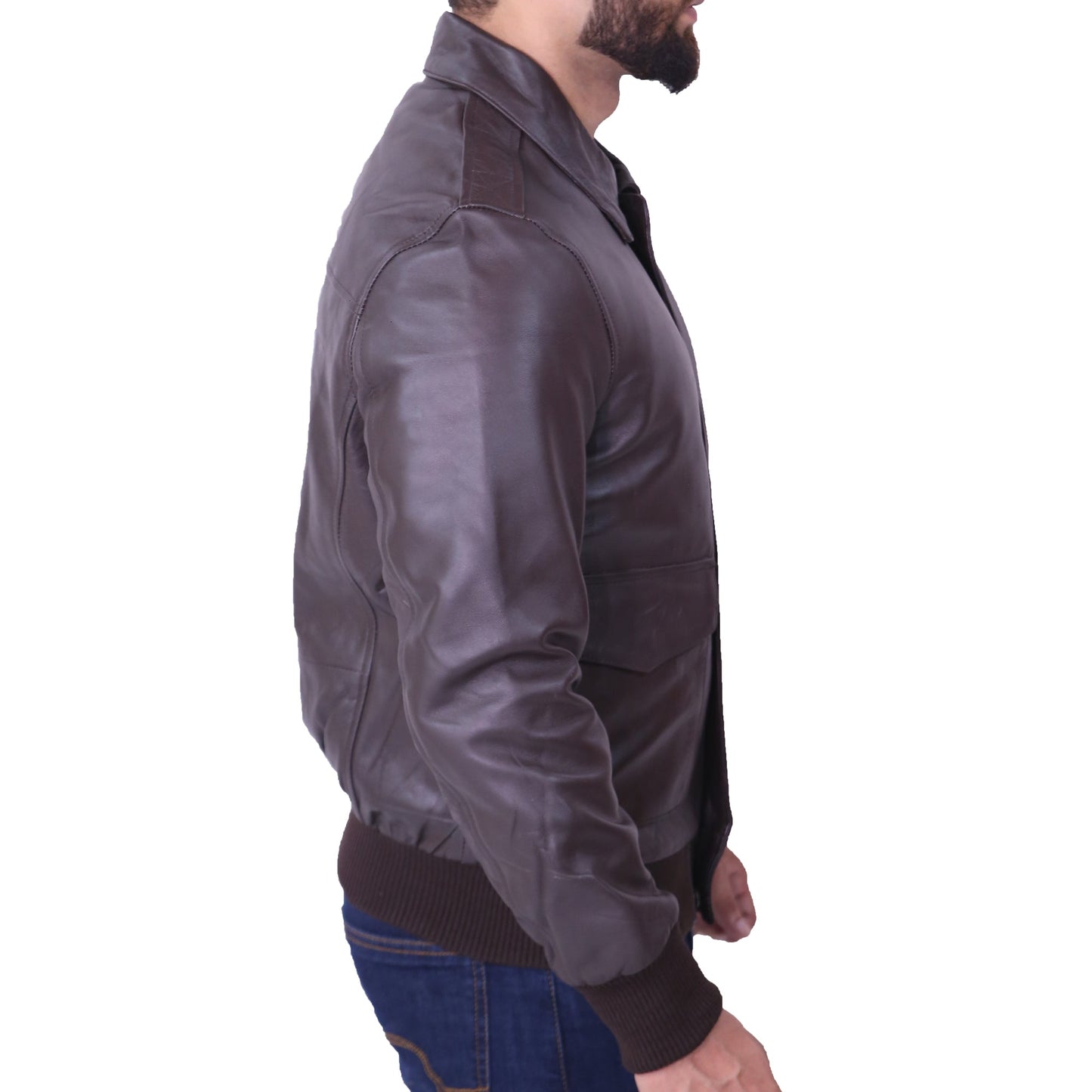 Man wearing a gray leather jacket on a white background