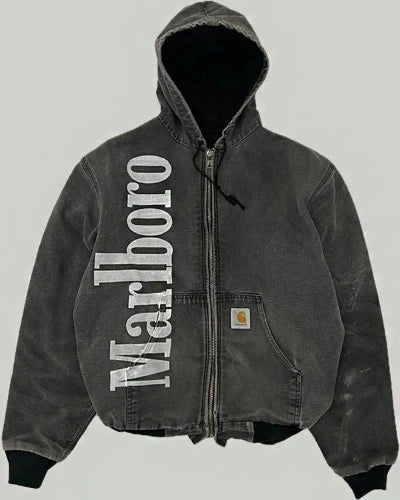 Dark gray hoodie with 'Marlboro' and Carhartt branding on a light gray background
