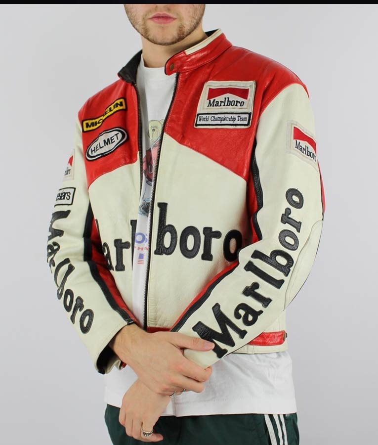 Red and White Vintage Leather Marlboro Racing Jacket