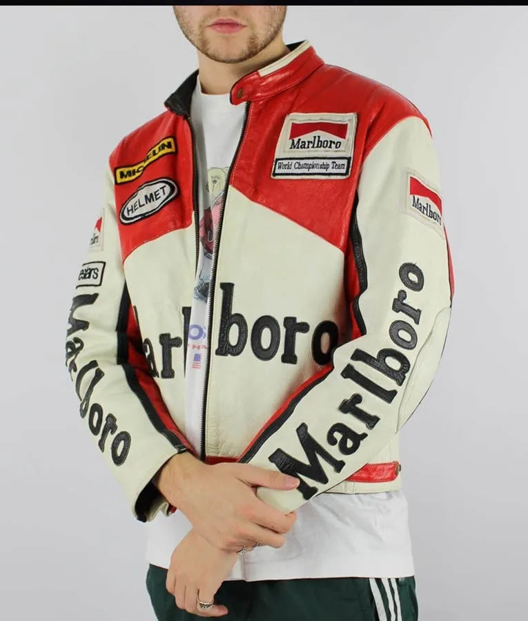Front view of Red and Black Marlboro Racing Jacket