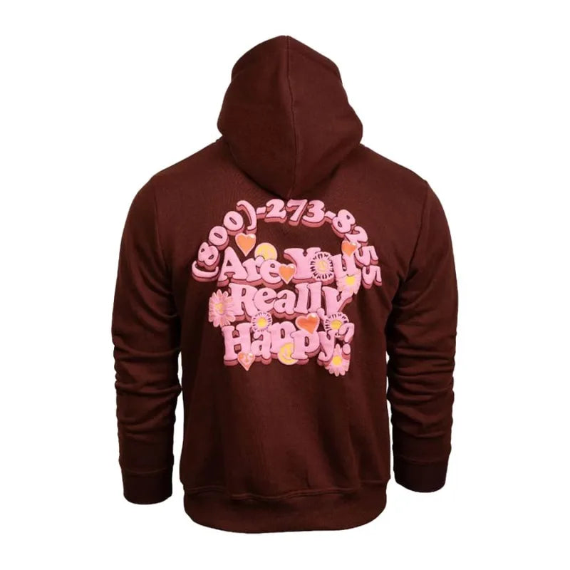 Brown hoodie with pink text on the back against a white background