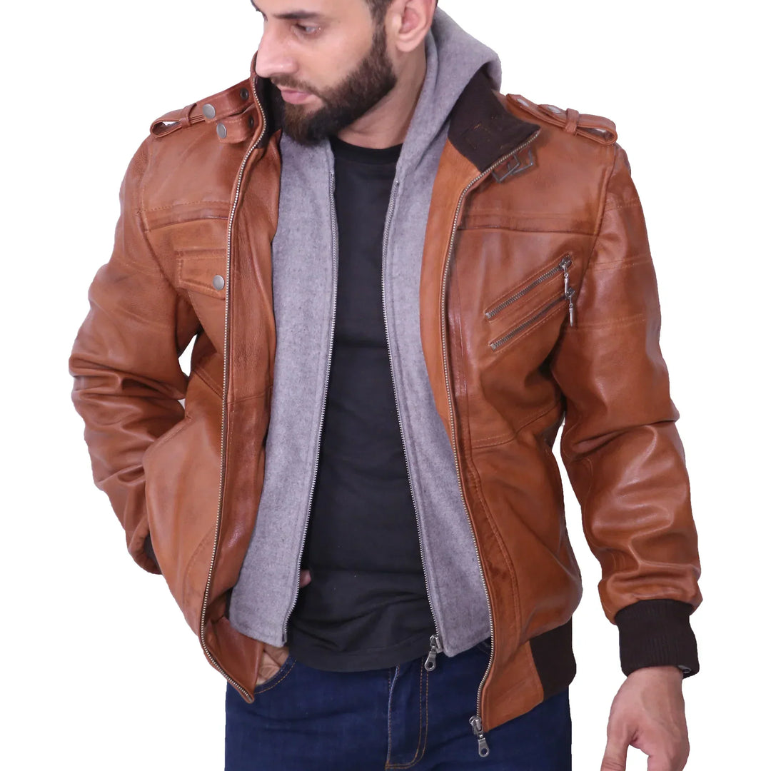 Men's Grey Removable Hood Brown Leather Jacket