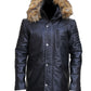 Black leather coat with fur hood on a white background