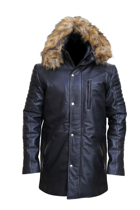 Black leather coat with fur hood on a white background