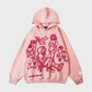 Pink hoodie with red graphic design on a white background