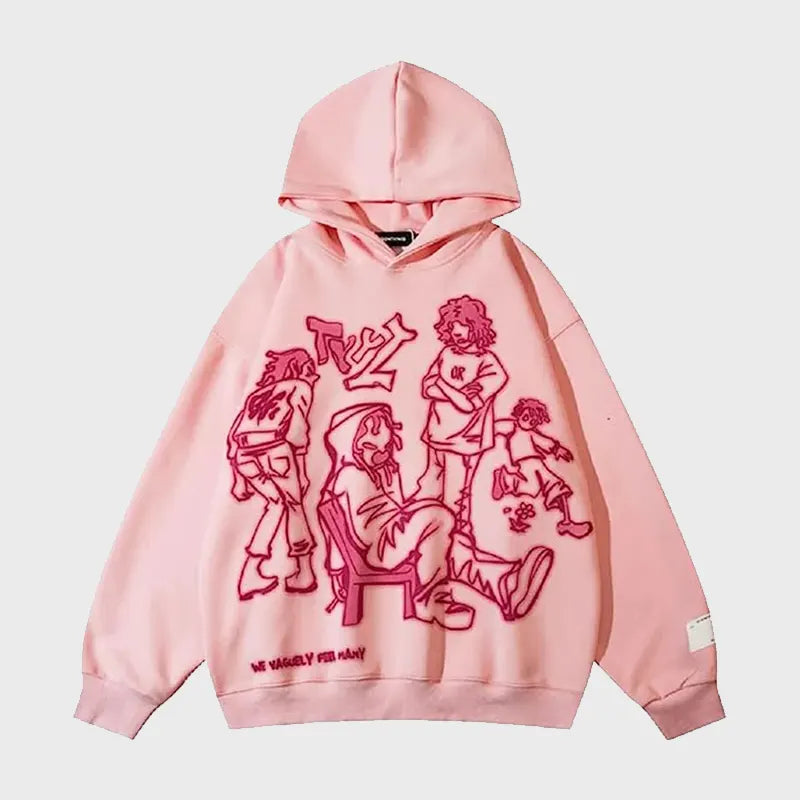 Pink hoodie with red graphic design on a white background