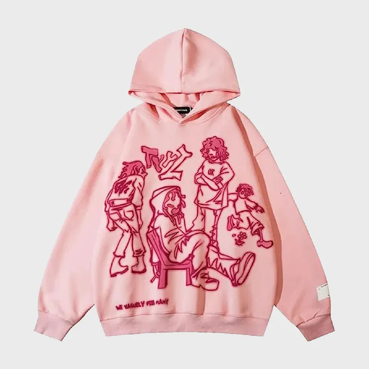 Pink hoodie with red graphic design on a white background