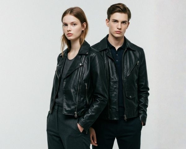 a girl and a boy wearing black leather jackets 