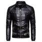 Black leather jacket with studded details on a white background