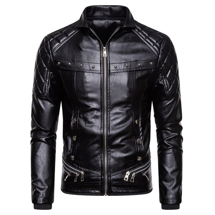 Black leather jacket with studded details on a white background