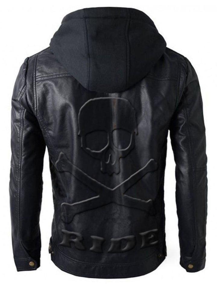 Skull Embossed Motorbike Leather Jacket with Hood