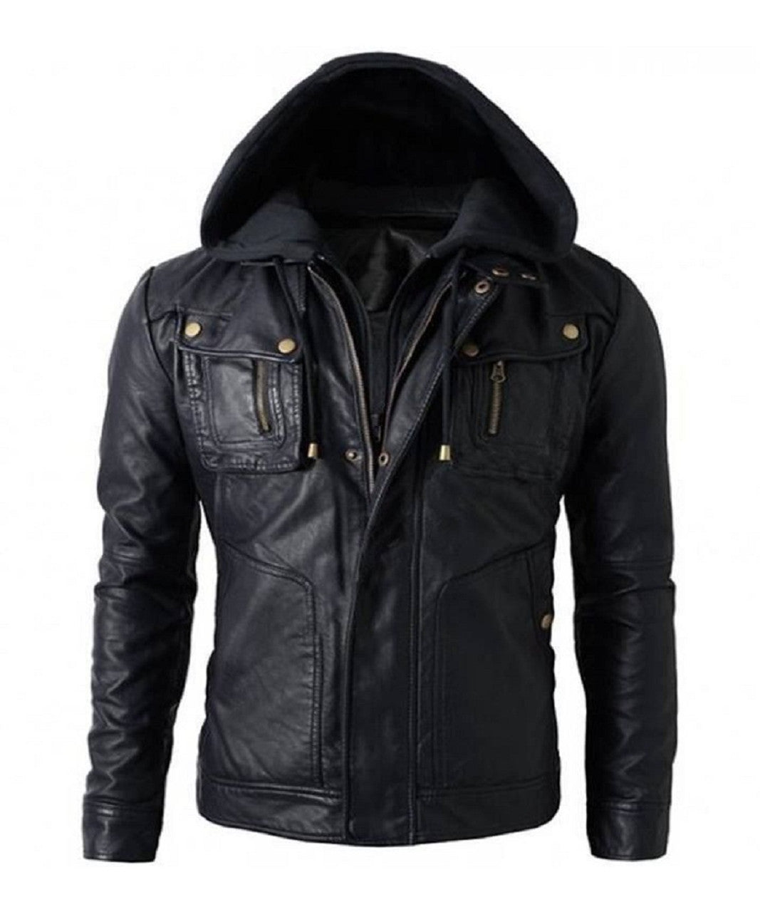 Skull Embossed Motorbike Leather Jacket with Hood