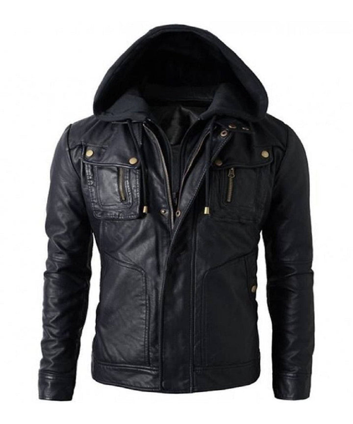 Skull Embossed Motorbike Leather Jacket with Hood