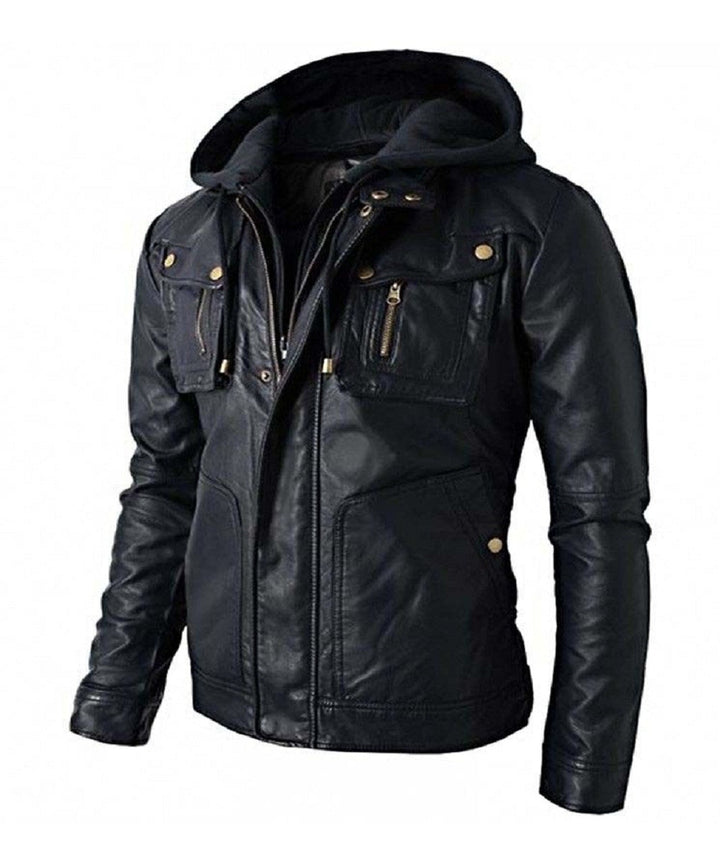 Skull Embossed Motorbike Leather Jacket with Hood