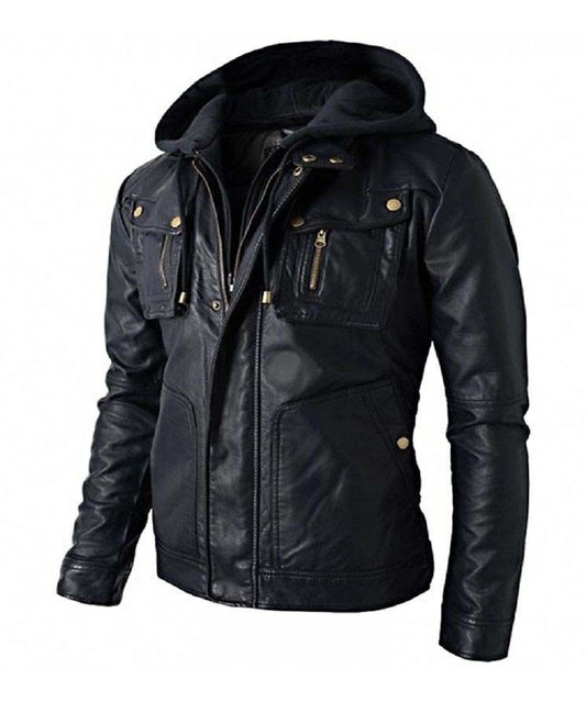 Skull Embossed Motorbike Leather Jacket with Hood