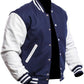 Navy blue and white varsity jacket on a white background