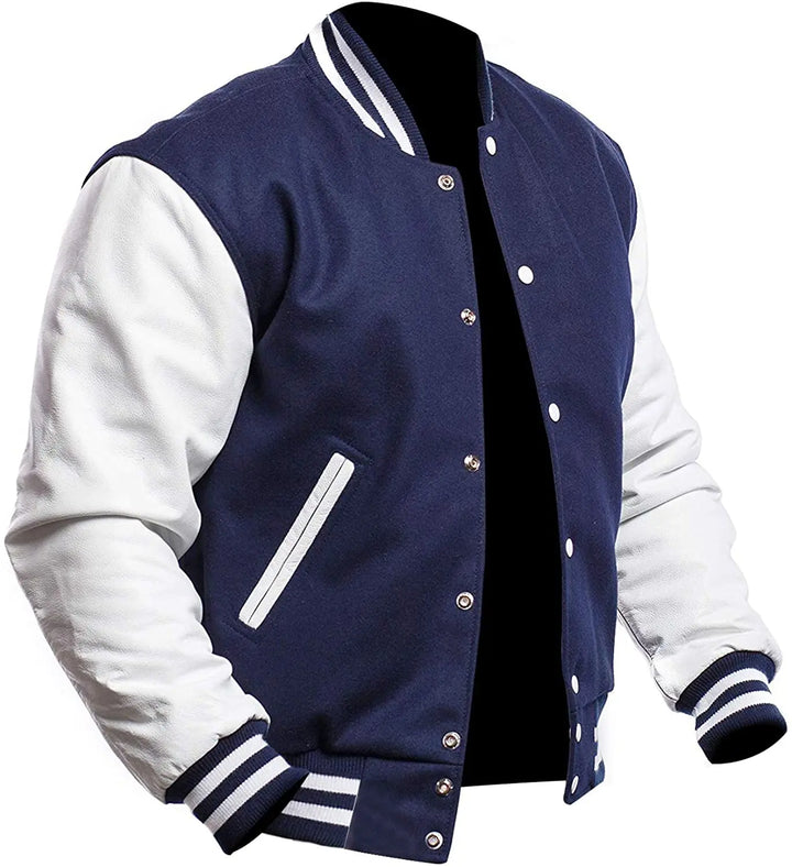 Navy blue and white varsity jacket on a white background