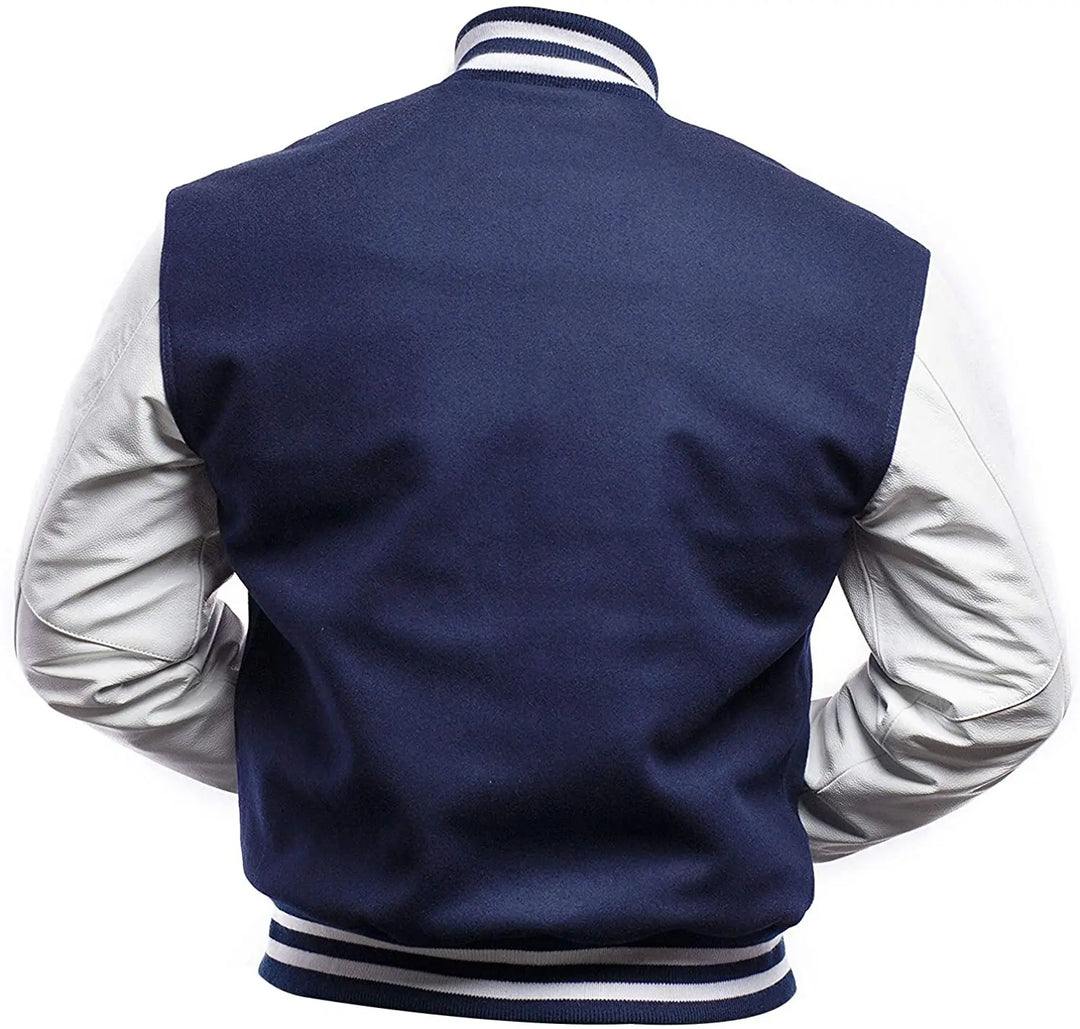 Navy blue varsity jacket with white sleeves on a white background