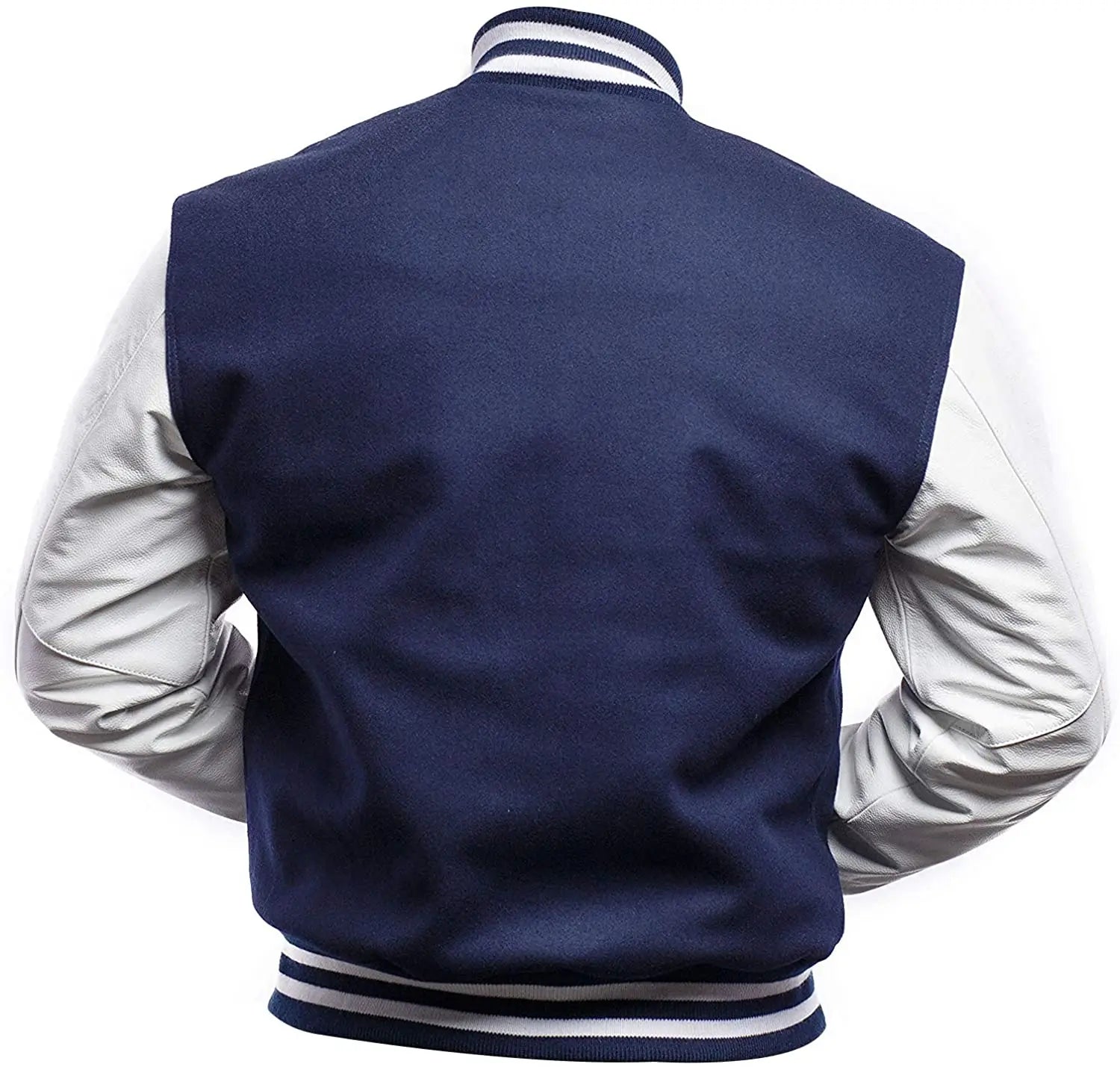 Navy blue varsity jacket with white sleeves on a white background