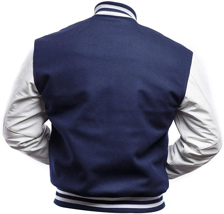 Navy blue varsity jacket with white sleeves on a white background