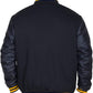 Black varsity jacket with yellow accents on a white background