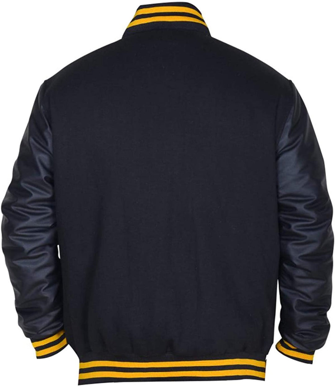 Black varsity jacket with yellow accents on a white background