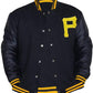 Black varsity jacket with yellow accents and a letter 'P' on a white background