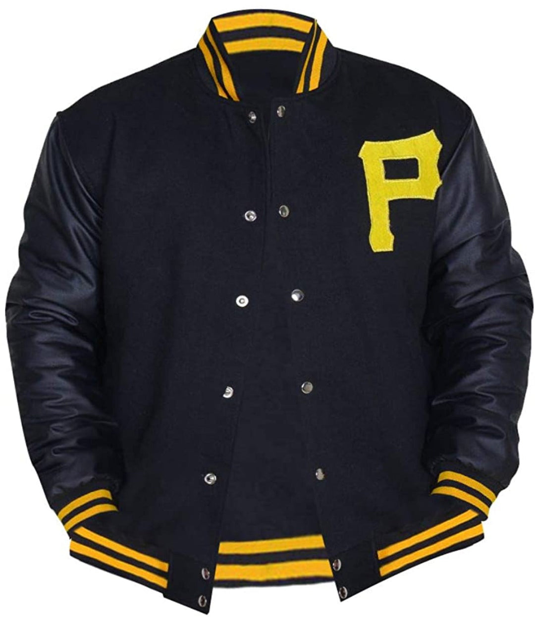 Black varsity jacket with yellow accents and a letter 'P' on a white background