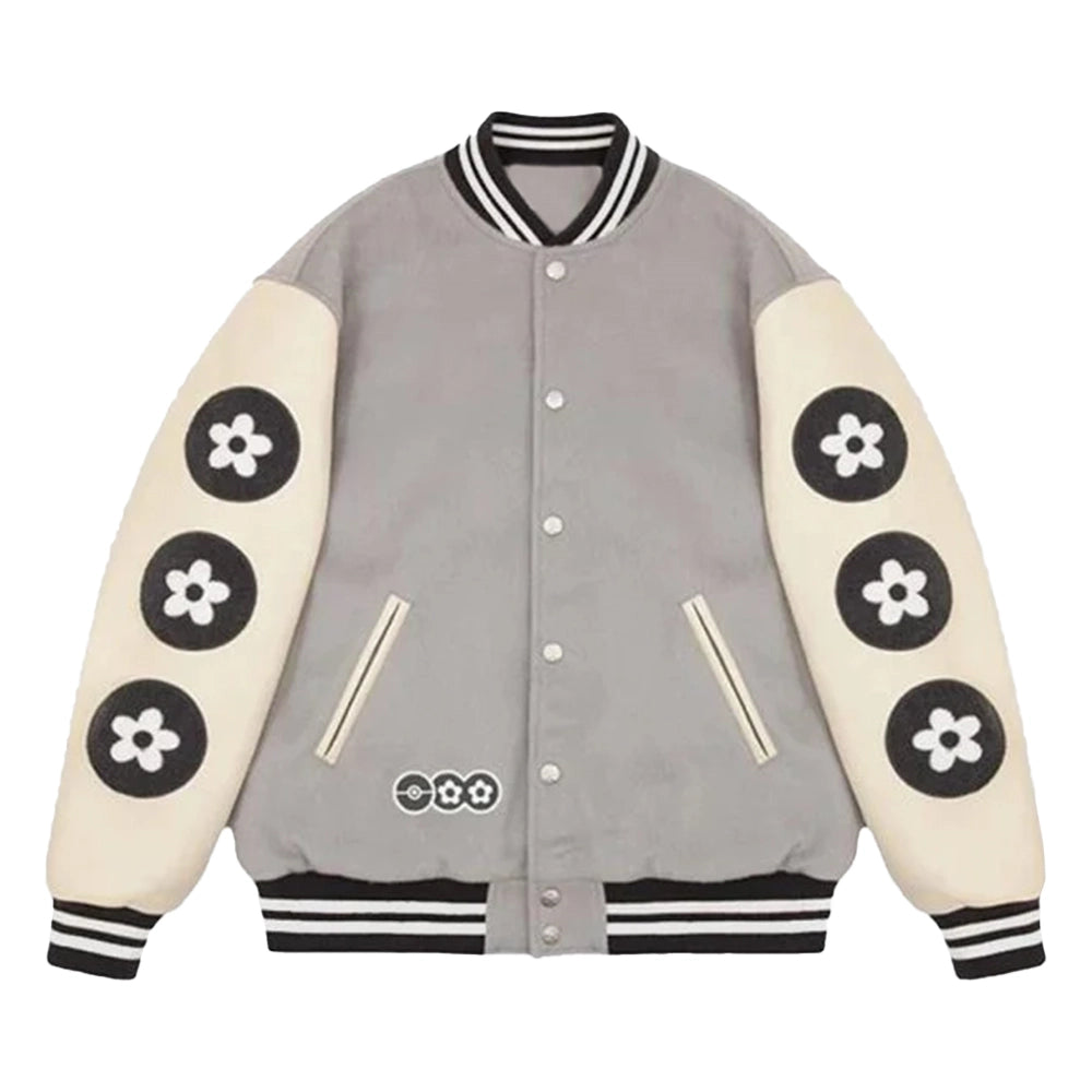 Gray varsity jacket with white sleeves featuring black flower patterns on a white background