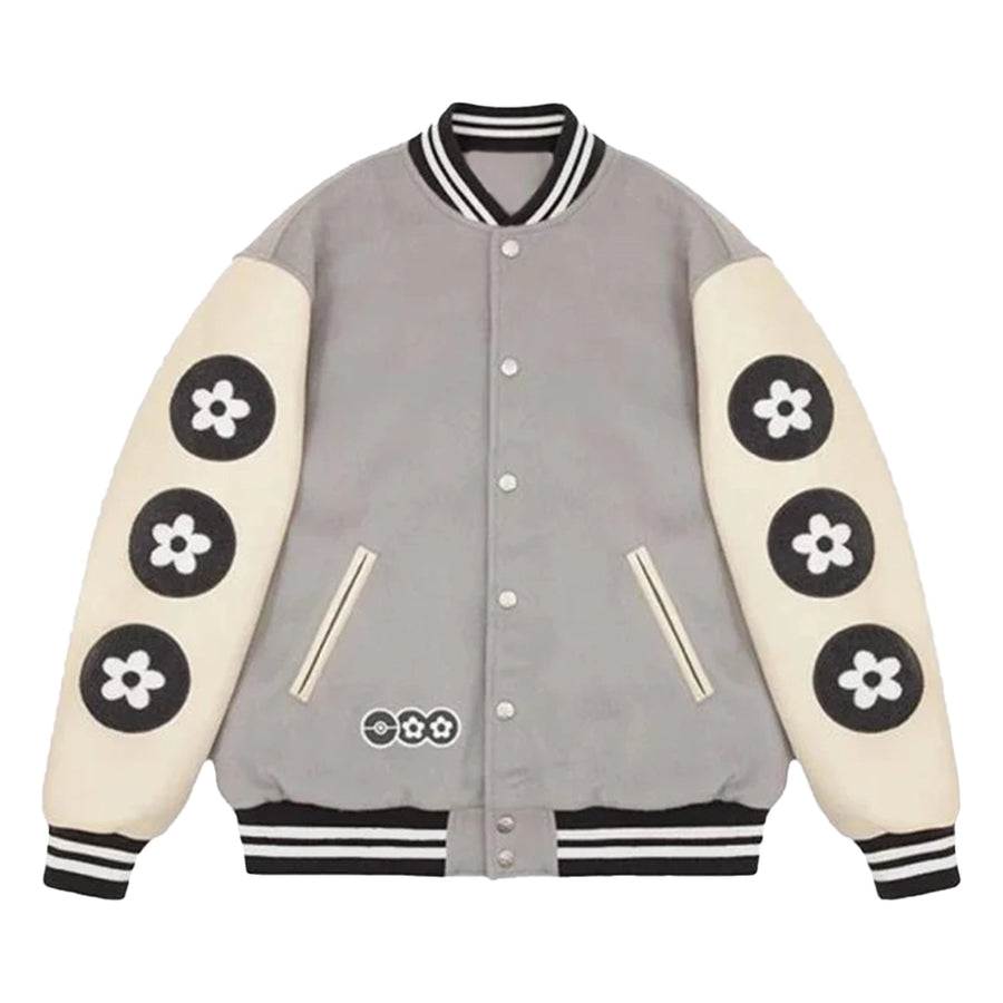 Gray varsity jacket with white sleeves featuring black flower patterns on a white background