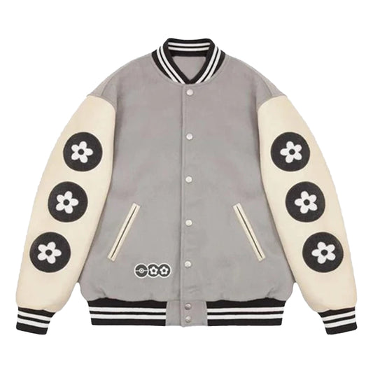 Gray varsity jacket with white sleeves featuring black flower patterns on a white background