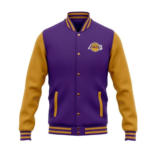 Purple and gold jacket with Lakers logo on a white background