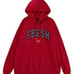 Red hoodie with 'FRESH' text on a white background