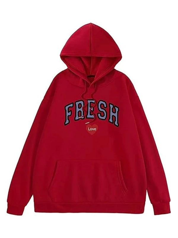 Red hoodie with 'FRESH' text on a white background
