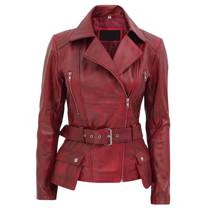 Red leather jacket with a belt on a white background