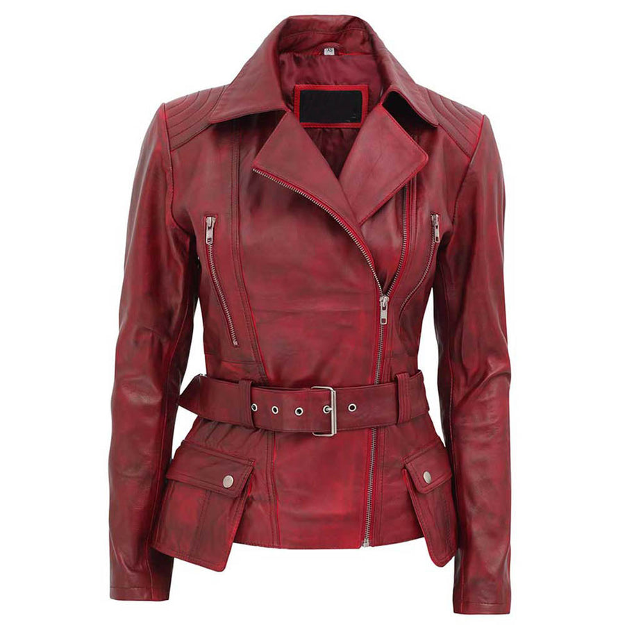 Red leather jacket with a belt on a white background