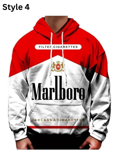 Front view of Red and white hoodie with Marlboro