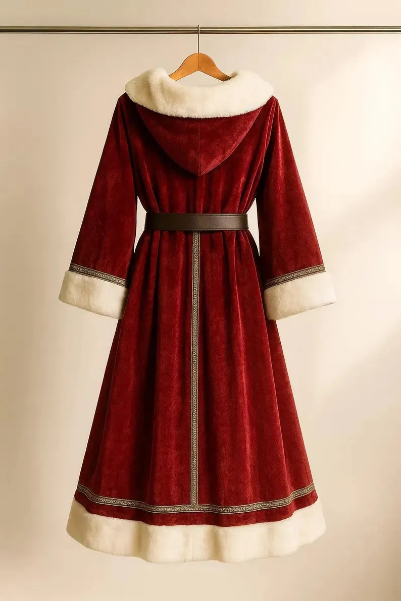 Back view of Red velvet coat with white fur, a beautiful holiday garment.