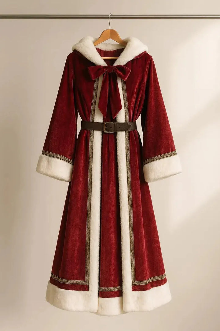 Full view of Red Red velvet coat_with white fur, a classic Christmas look.