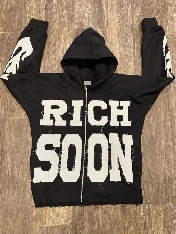 Front view of Black Rich-Soon-Zip-Up-Hoodie-Black