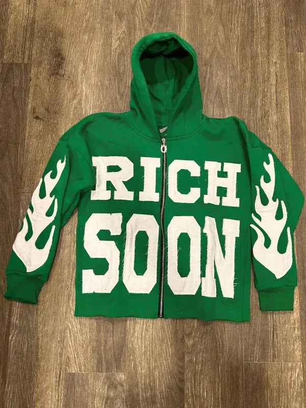 Front view of Green Rich-Soon-Zip-Up-Hoodie